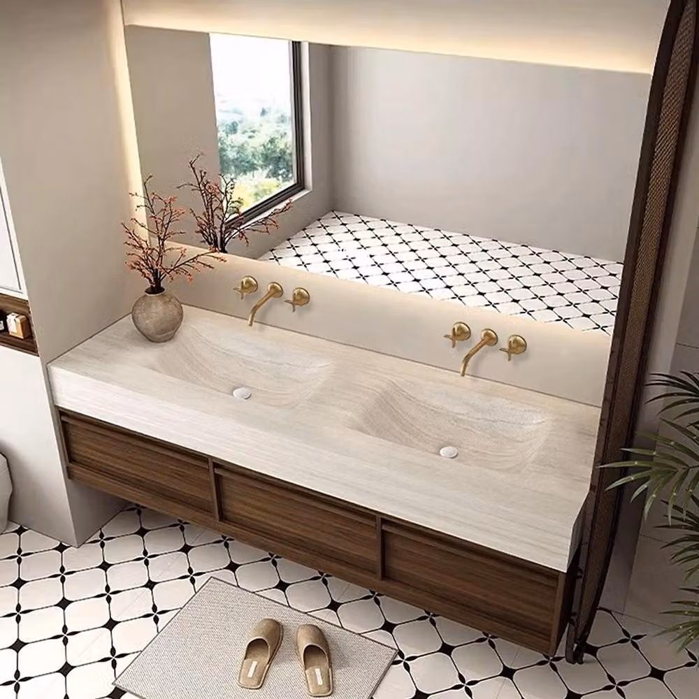 Lavabo in pietra sinterizzata Lavabo doppio Lavello con due vasche Set lavabo con specchio LED e armadietto【RW3318-140 BKK】