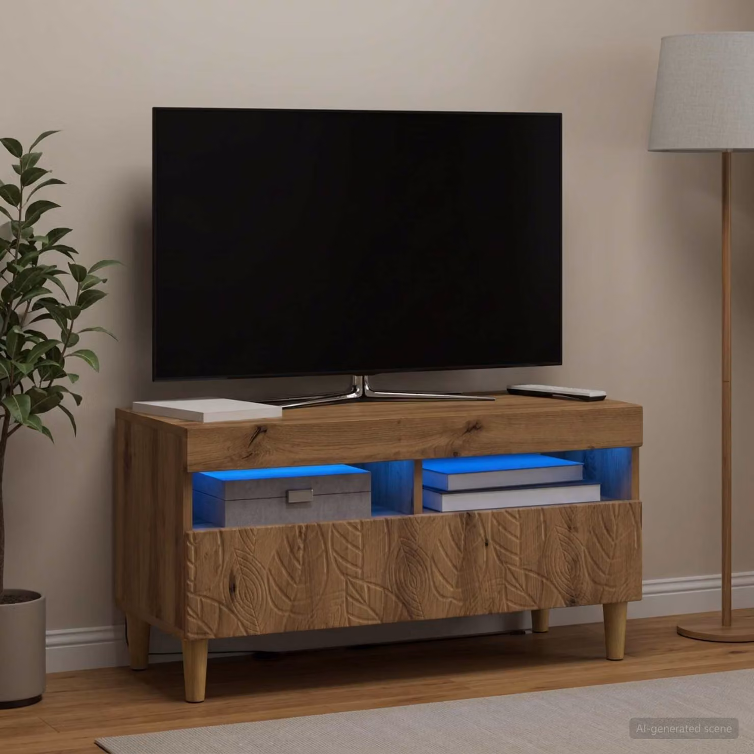 Mobile TV stand vidaXL in legno ingegnerizzato rovere, design moderno con illuminazione integrata, marrone, L: 81 cm, P: 35 cm, H: 43 cm