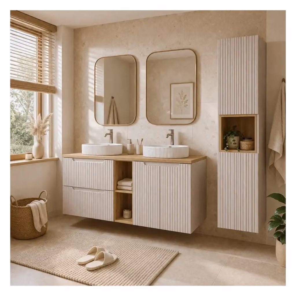 Set mobile bagno Meublorama VANO cashmere e quercia con lavabi da appoggio e colonna, L: 170 cm – 2