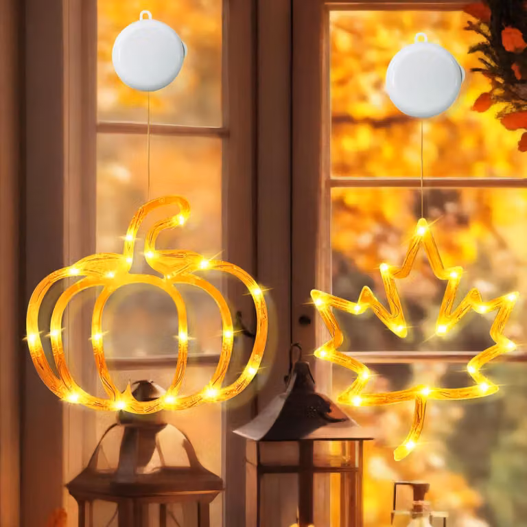 Catena luminosa autunnale con ventosa, decorata con zucca e foglia d'acero, confezione singola