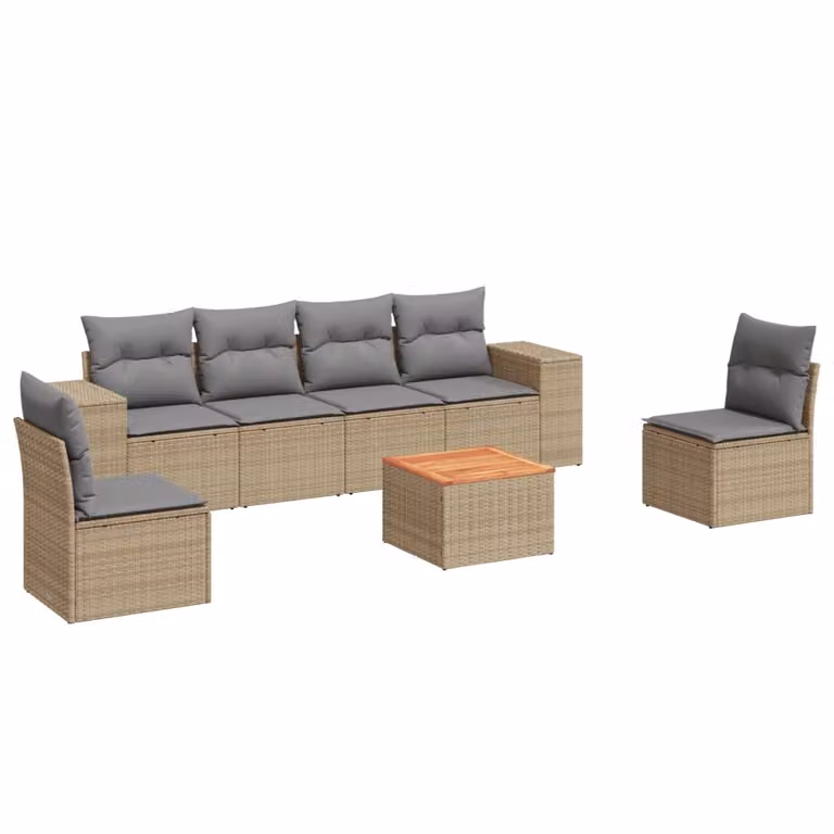 Set Divani da Giardino 7 pz con Cuscini Beige in Polyrattan