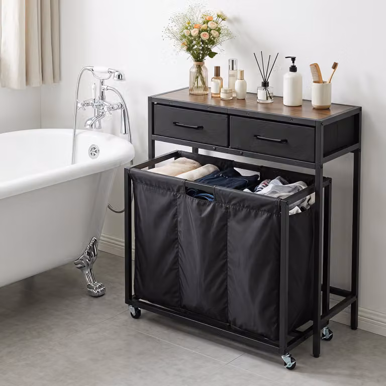 Costway Set 67,5 l cesto portabiancheria con ruote e tavolino con cassetti, Porta biancheria sporca a 3 scomparti per bagno e lavaderia Marrone