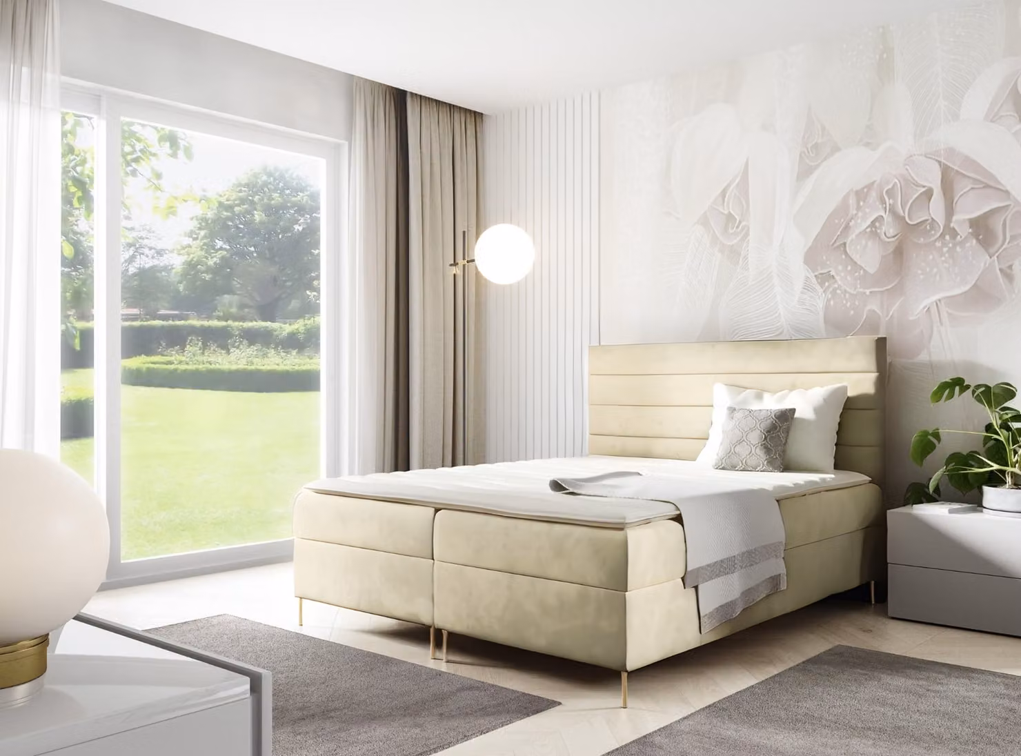 GUTTO Letto contenitore DAKOTA 200 x 200cm 2x Contenitore TOPPER 5cm libero velluto beige gambe alte dorate