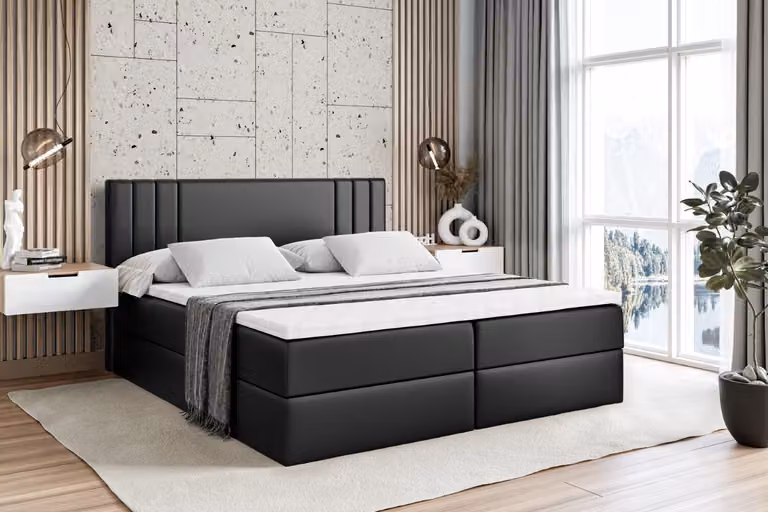 Letto boxspring ALTDECOR con materasso H4 e topper - 180 x 200 cm - IDRIKO - Pelle finta nera - Letto imbottito con contenitore e rete a doghe, letto con spazio contenitivo