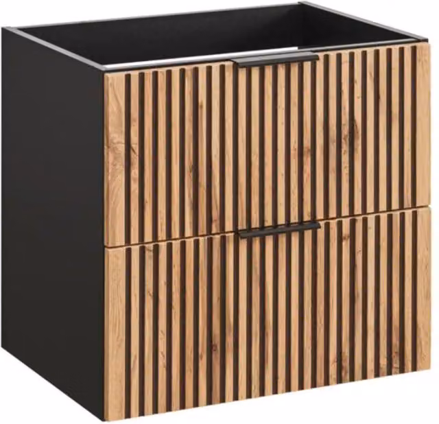Mobile sottolavabo KINOKO – 2 cassetti – Finitura a doghe in legno naturale e nero – L60 × P46 × H57 cm – Da appendere