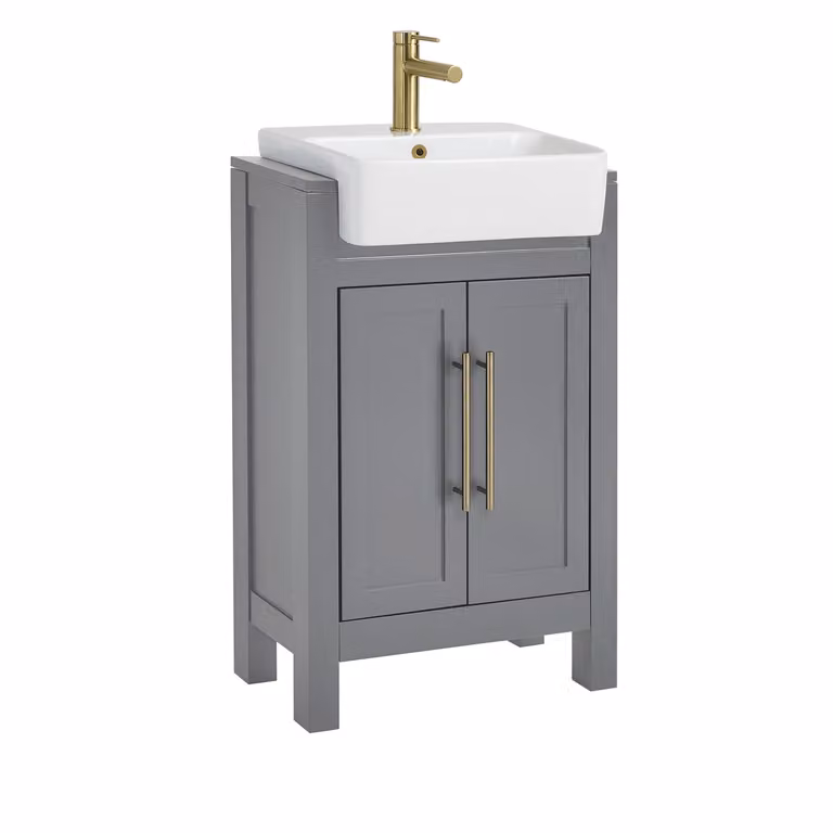Mobile Bagno Grigio Chiaro da 550mm con Lavabo e Maniglia Moderna con Barra a T in Oro Satinato - Warwick