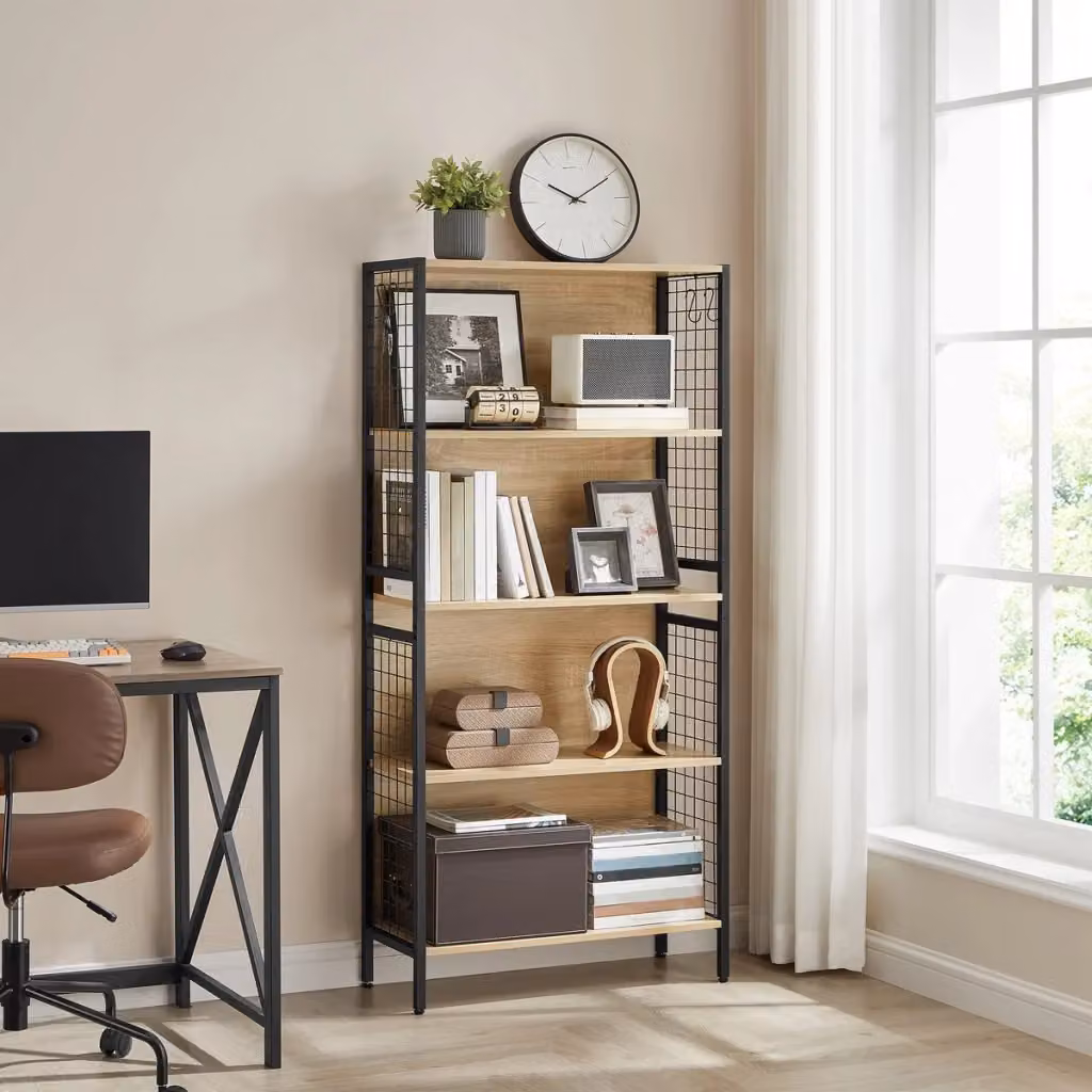 Libreria industriale Kendra Home in metallo e legno con 4 ripiani, nero e marrone, L 89,5 cm x P 21 cm x H 21 cm – 2