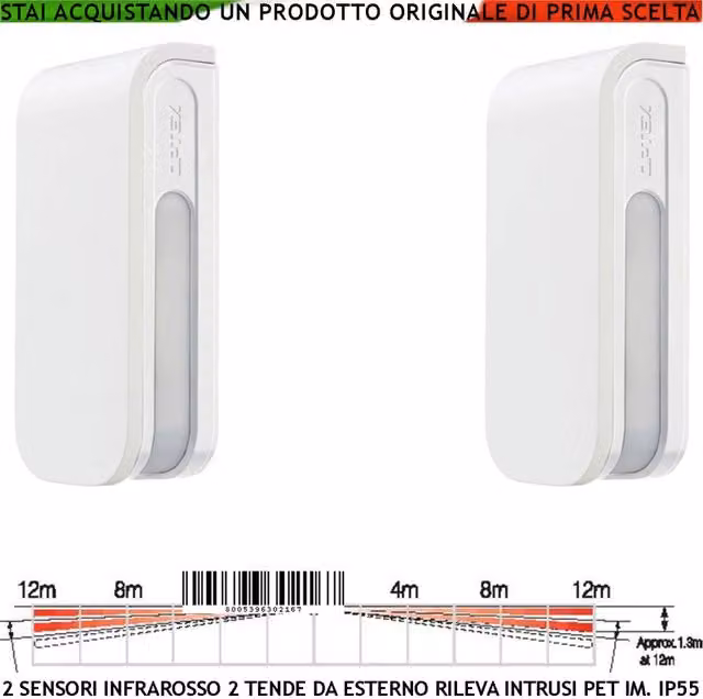 Sensore di movimento infrarosso Securvera con doppia tenda per esterni, 4 PIR e due sensori, portata 12+12 metri, bianco