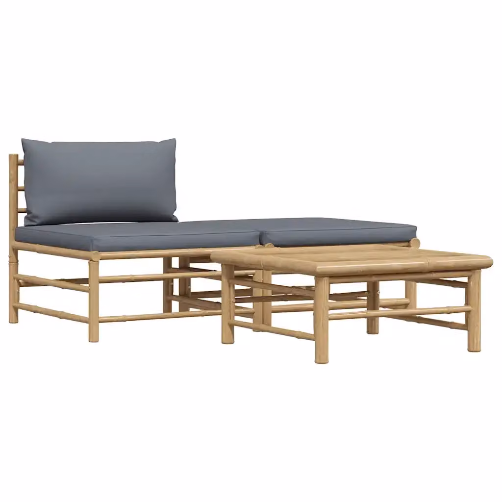 Set da giardino vidaXL composto da divano a 3 posti, tavolino e pouf in bambù con cuscini grigi – 2
