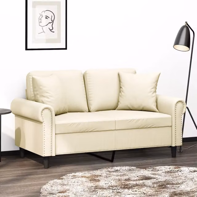Divano a 2 Posti con Cuscini-Sofa 2 Posti con Cuscini Crema 120 cm in Similpelle 370146