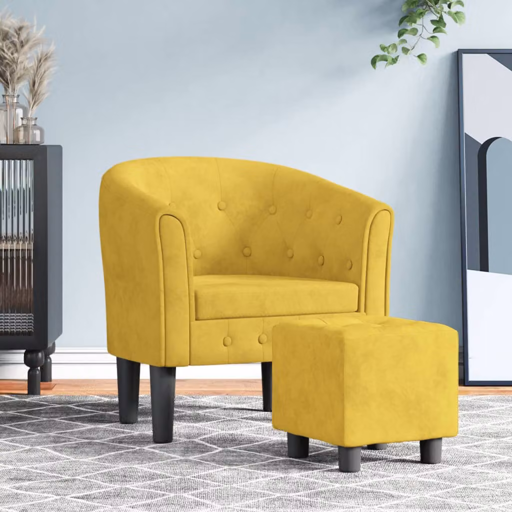 vidaXL Poltrona Cabriolet con Poggiapiedi in Velluto Giallo e Struttura in Legno e Plastica L/P/H: 70 x 68 x 56 cm