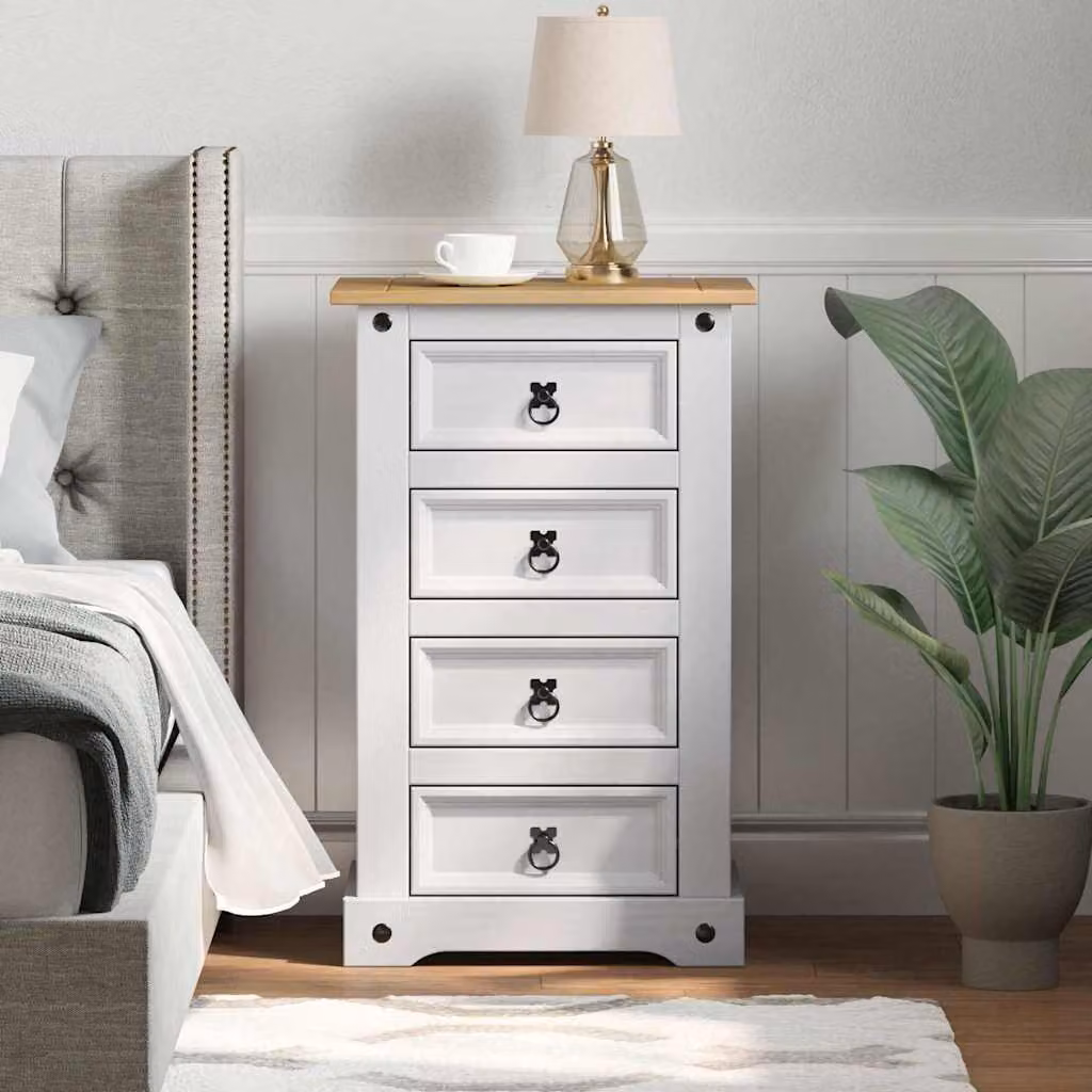 Comodino Corona vidaXL in pino massello bianco L: 53 cm, P: 39 cm, H: 84 cm