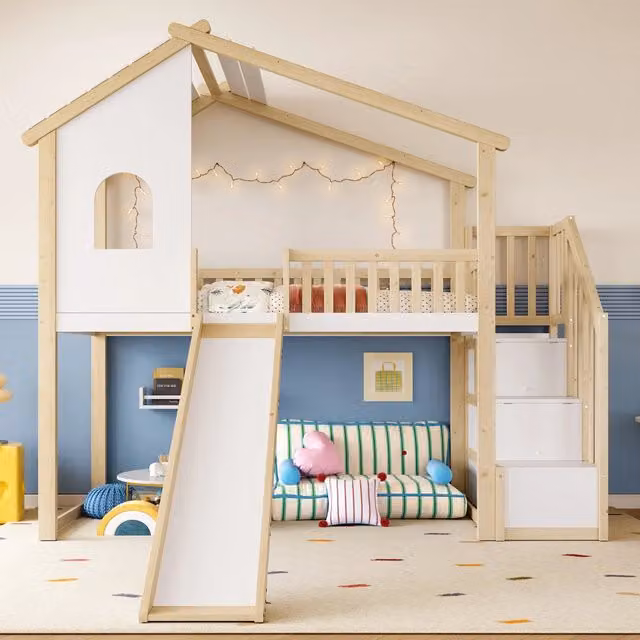 Letto a soppalco 90x200 cm con scivolo e scala contenitore; a casetta in pino; MDF e compensato; naturale e bianco