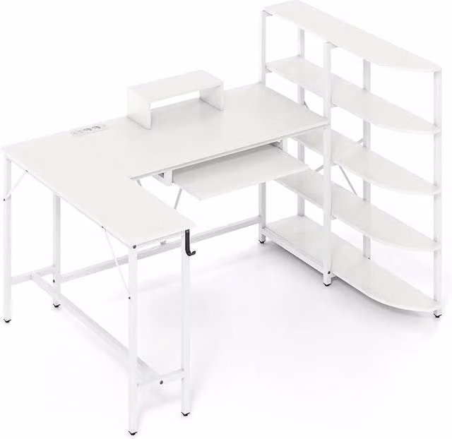 Scrivania Gaming Angolare a Forma di L Costway Bianca con Supporto Monitor e Stazione di Ricarica