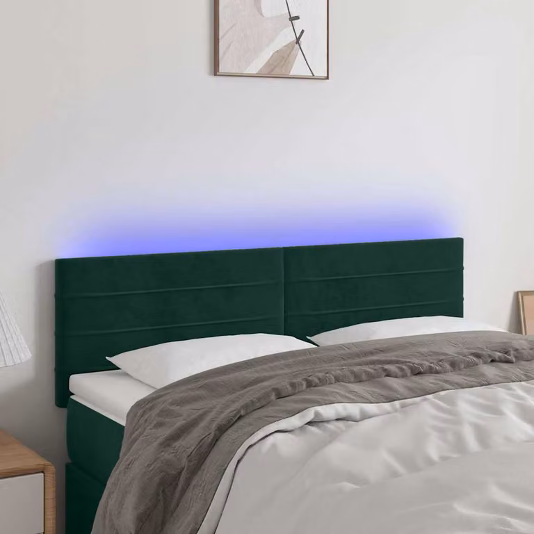 Testiera per letto vidaXL in velluto verde scuro con illuminazione LED integrata e porta di ricarica USB, L 144 cm, P 5 cm, H 78-88 cm