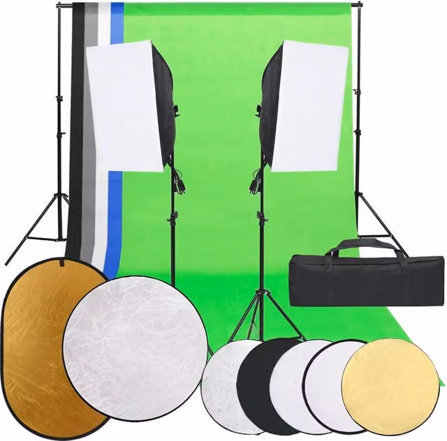 Kit per studio fotografico professionale con illuminazione LED, fondale bianco e riflettore nero