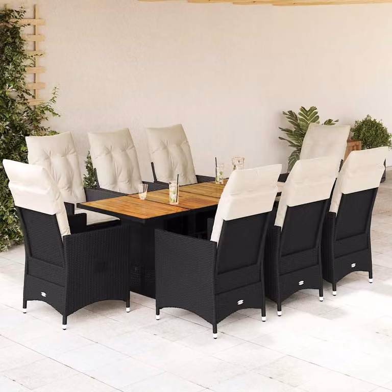 Set da pranzo da giardino vidaXL in polyrattan e legno di acacia con 9 pezzi e cuscini nero e bianco