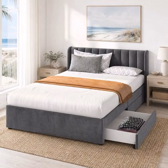 Letto matrimoniale 160x200 cm in velluto grigio; con testiera; doghe e 2 cassetti