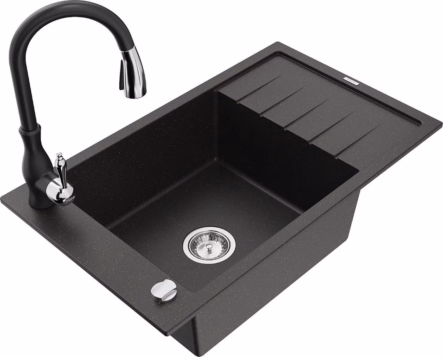 Mexen Elias lavello in granito 1 vasca con scolapiatti e rubinetto da cucina Savita, nero/oro metallizzato - 6511-75-672601-70
