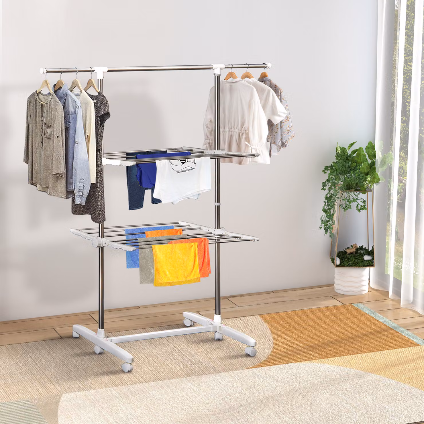 Homcom Stendibiancheria a 3 piani con Appendiabiti e Ruote, Regolabile, Bianco e Argento, L: 139 cm, P: 62 cm, H: 136,5 cm – 2