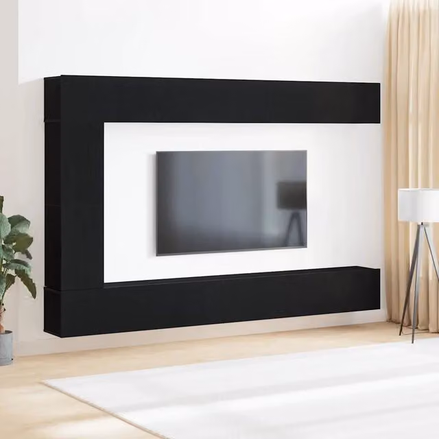 Set mobile TV moderno vidaXL in 9 pezzi, colore Rovere e Nero, in legno ingegnerizzato MDF per soggiorno