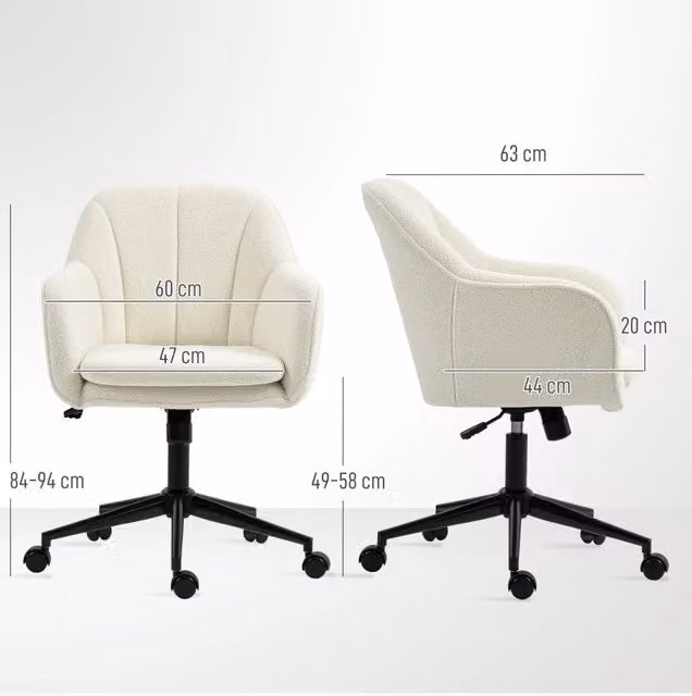 Sedia da ufficio girevole moderna in velluto beige e bianco con braccioli e ruote, L/P/H: 60 x 53,5 x 120 cm