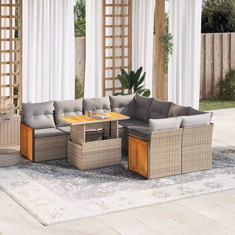 Set Divano da Giardino a L vidaXL in Polyrattan e Legno di Acacia con 9 Pezzi e Cuscini Beige