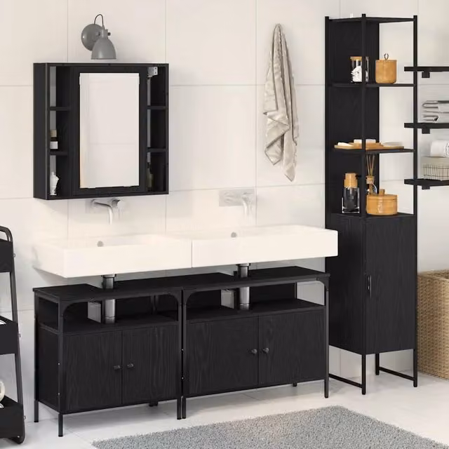 Set di mobili per il bagno 4 pz Rovere Nero 33 x 33 x 185,5 cm 3334423