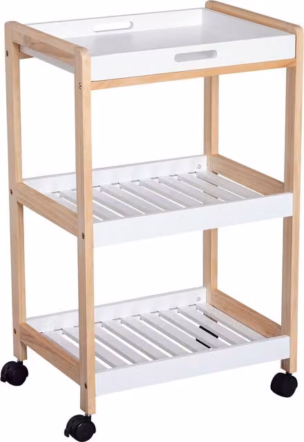 Carrello da servizio HOMCOM con 2 ripiani e piano removibile in legno di pino e MDF, colore bianco, design moderno con ruote – 1