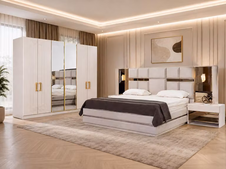 Set da camera da letto moderno nei toni del bianco e del beige, con letto matrimoniale e 2 comodini
