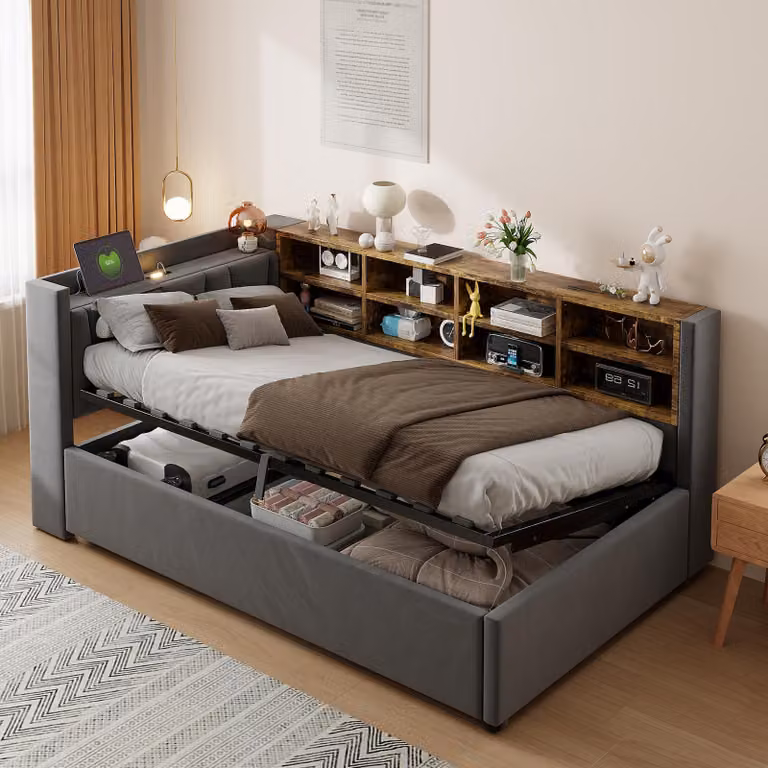 Letto imbottito Flieks 90x200cm con funzione di ricarica e luce notturna, divano letto da giorno con schienale e contenitore, letto per ragazzi letto per bambini in velluto, grigio scuro