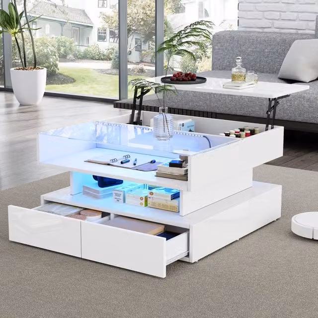 Tavolino da salotto quadrato WISHDOR moderno in bianco lucido con piano sollevabile e inserto in vetro, L/P/H: 80 x 80 x 45 cm