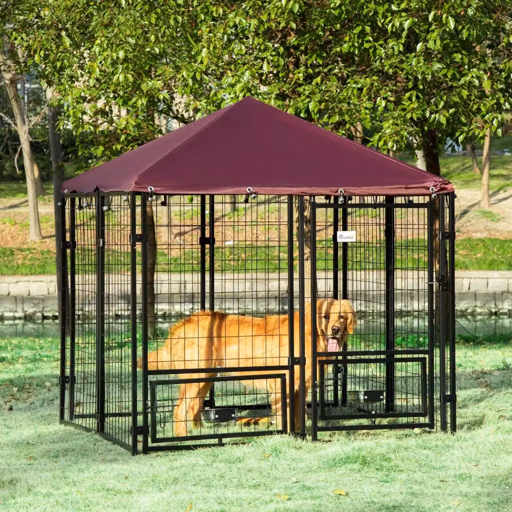 EasyComfort Recinto per Cani da Esterno con Serratura, 2 Ciotole Girevoli e Copertura Rimovibile, Nero e Rosso – 2