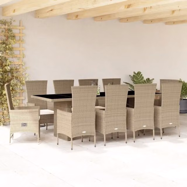 Set da pranzo da giardino vidaXL in polyrattan con cuscini beige e tavolo in vetro, 11 pezzi