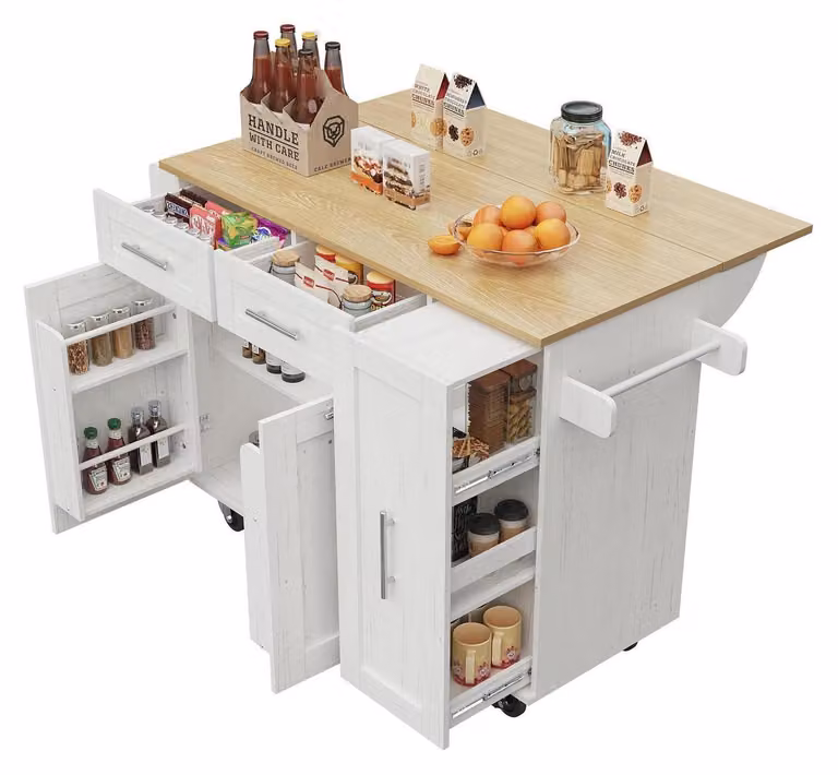 Isola da cucina con piano ribaltabile e spazio contenitivo, colore bianco, dimensioni 134,5 x 74 x 90,5 cm