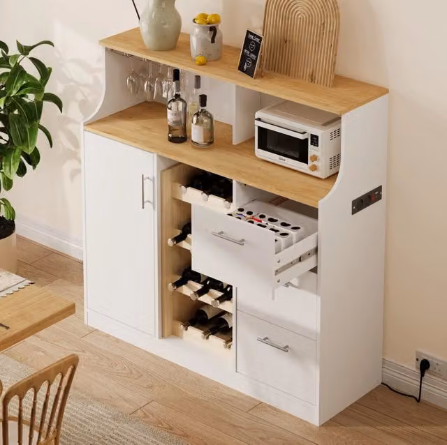 Credenza 120x40x121 cm con LED e presa integrata; MDF bianco e naturale