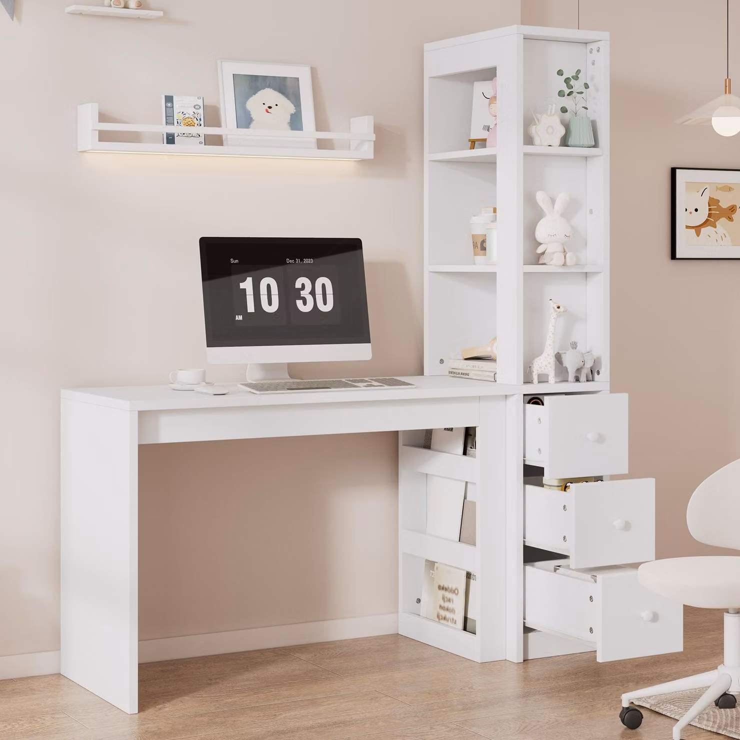 Scrivania Merax con libreria, tavolo da lavoro con 3 cassetti e mobile laterale, ripiani aperti, design moderno e minimalista, bianco