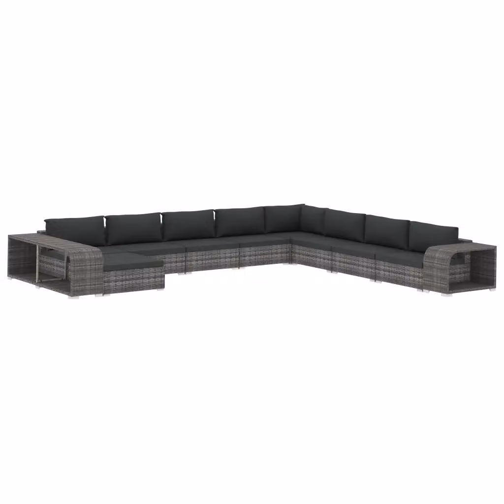 Set di Divani da Giardino a L vidaXL in Polyrattan Grigio con Cuscini e Tavolino da 11 Pezzi – 2