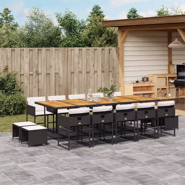 Set da Pranzo da Giardino vidaXL in Polyrattan Nero con Cuscini, 15 Pezzi – 1