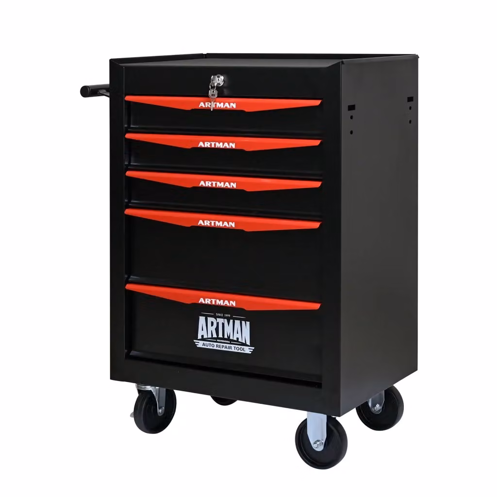 Cassettiera portautensili Chicfurn in acciaio con 5 cassetti, guide a sfere, ruote e serratura, nero e rosso, H: 77,5 cm, L: 60,0 cm, P: 33,0 cm – 2