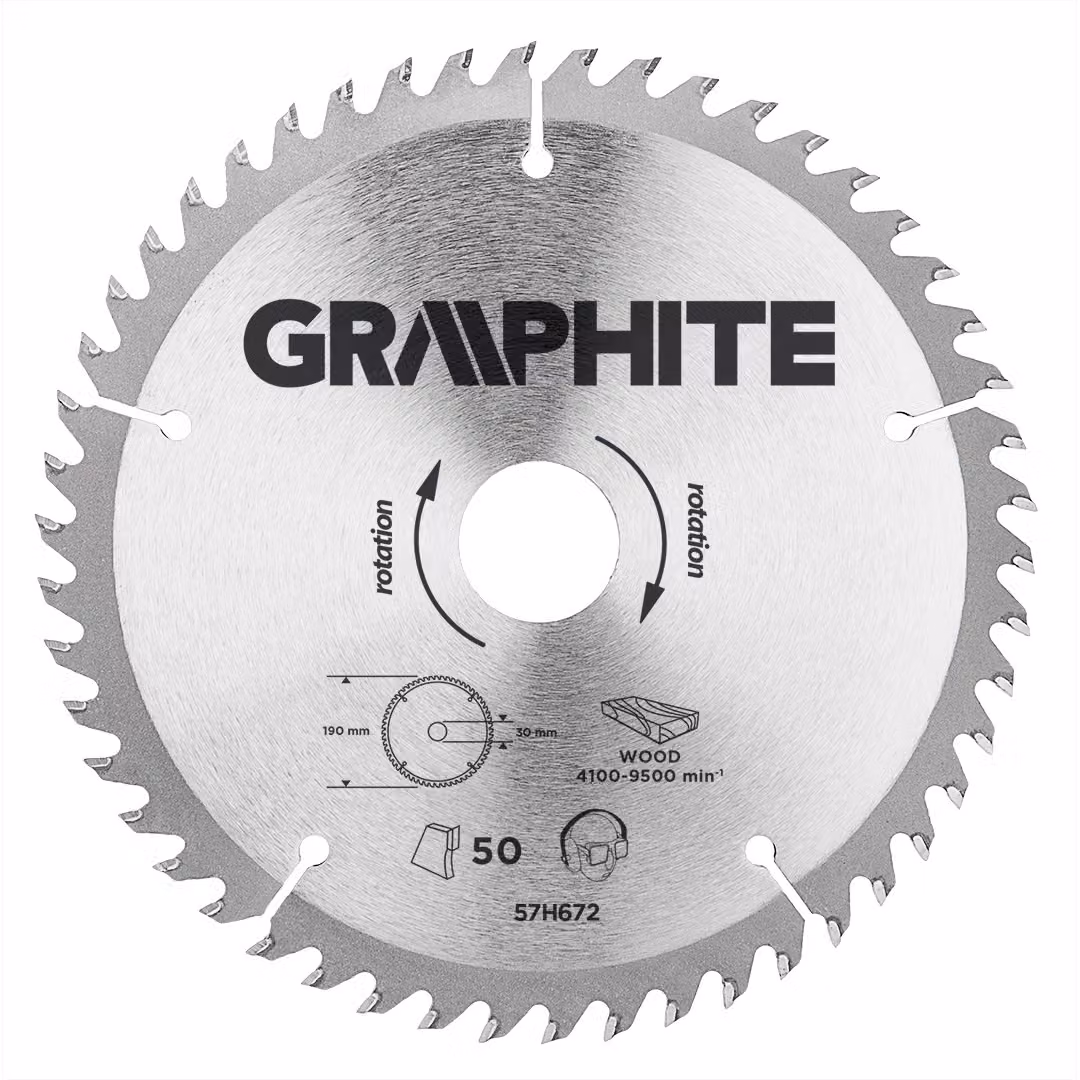 GRAPHITE Disco da taglio in Widia 190 x 30 mm, 50 denti, spessore del disco 2,2 mm, spessore del dente 3,2 mm, riduttori: 30 x 16 mm, 30 x 20 mm, 30 x 25,4 mm