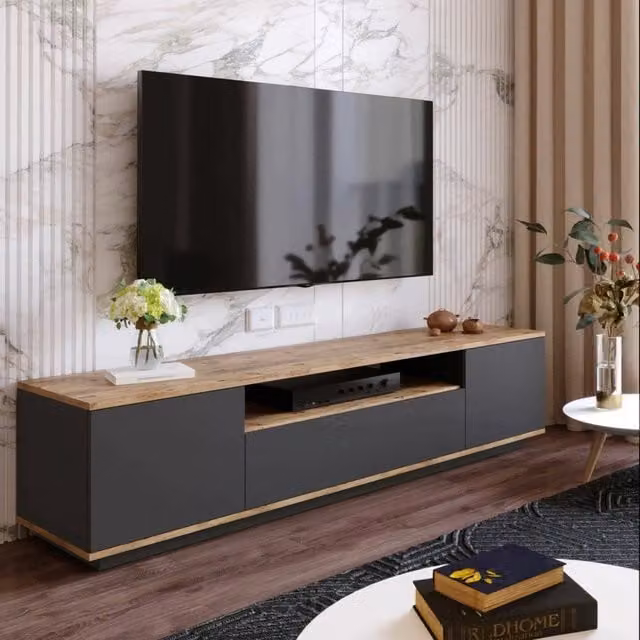 Mobile porta TV DMORA Asellina, Credenza da soggiorno moderna in legno color quercia e antracite, L: 180 cm, P: 45 cm, H: 44,5 cm – 1