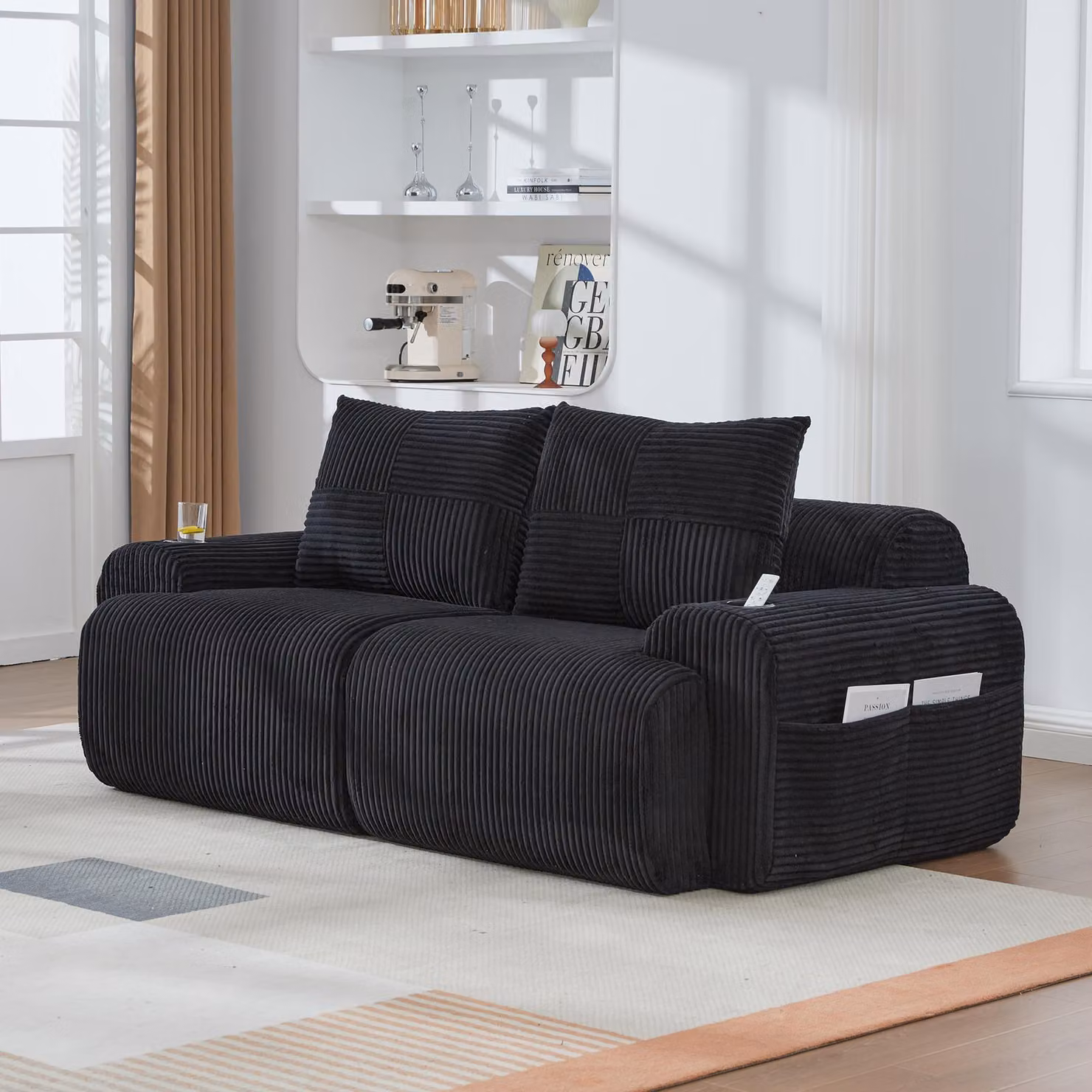 Divano modulare Gomyway a 2 posti in velluto a coste con portabicchiere e tasca laterale, L: 200 cm, P: 99 cm, H: 80 cm, Nero – 2