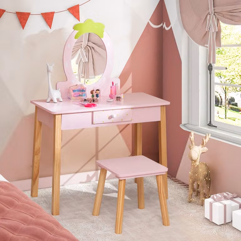 Set vanità per bambini 2 in 1 Costway in legno con sgabello e specchio a forma di fragola, colore rosa