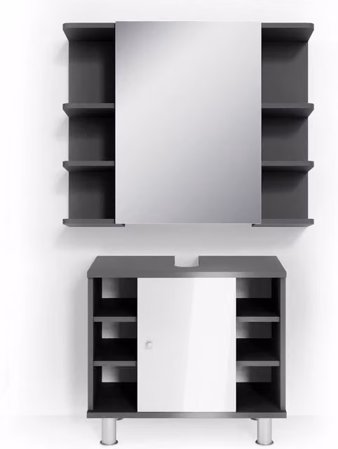 Set mobili bagno Vicco Fynn Antracite composto da base lavabo e pensile con specchio in stile minimalista lucido