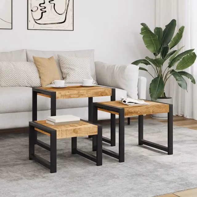 Set di 3 tavolini impilabili vidaXL in legno di mango e metallo, stile retro, colore marrone