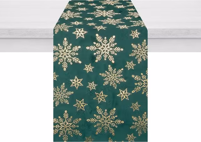 Runner natalizio verde con fiocchi di neve oro L 300 cm x P 28 cm