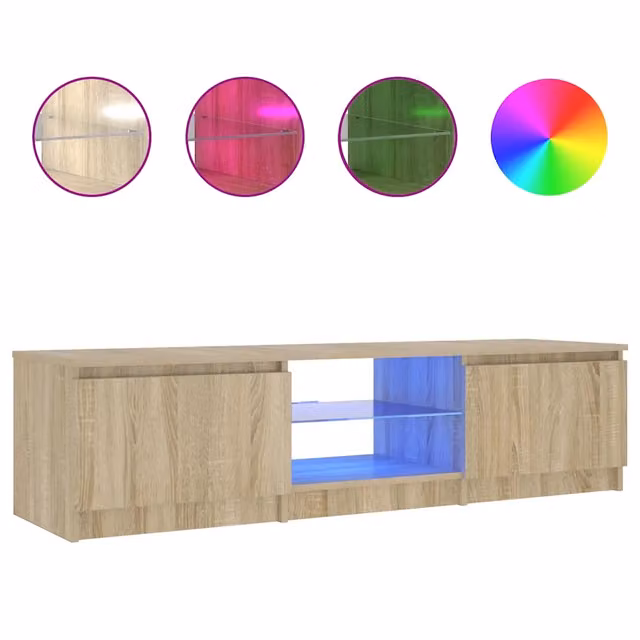 Mobile TV moderno DESIGN IN in rovere fumo con luci LED integrate e dettagli in vetro, L: 140 cm, P: 40 cm, H: 36 cm