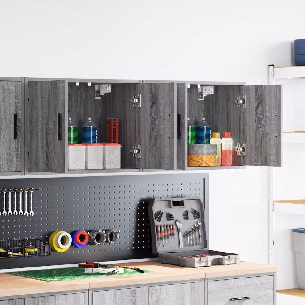 Set di 2 pensili da garage vidaXL in legno e MDF grigio con ante a battente e montaggio a parete