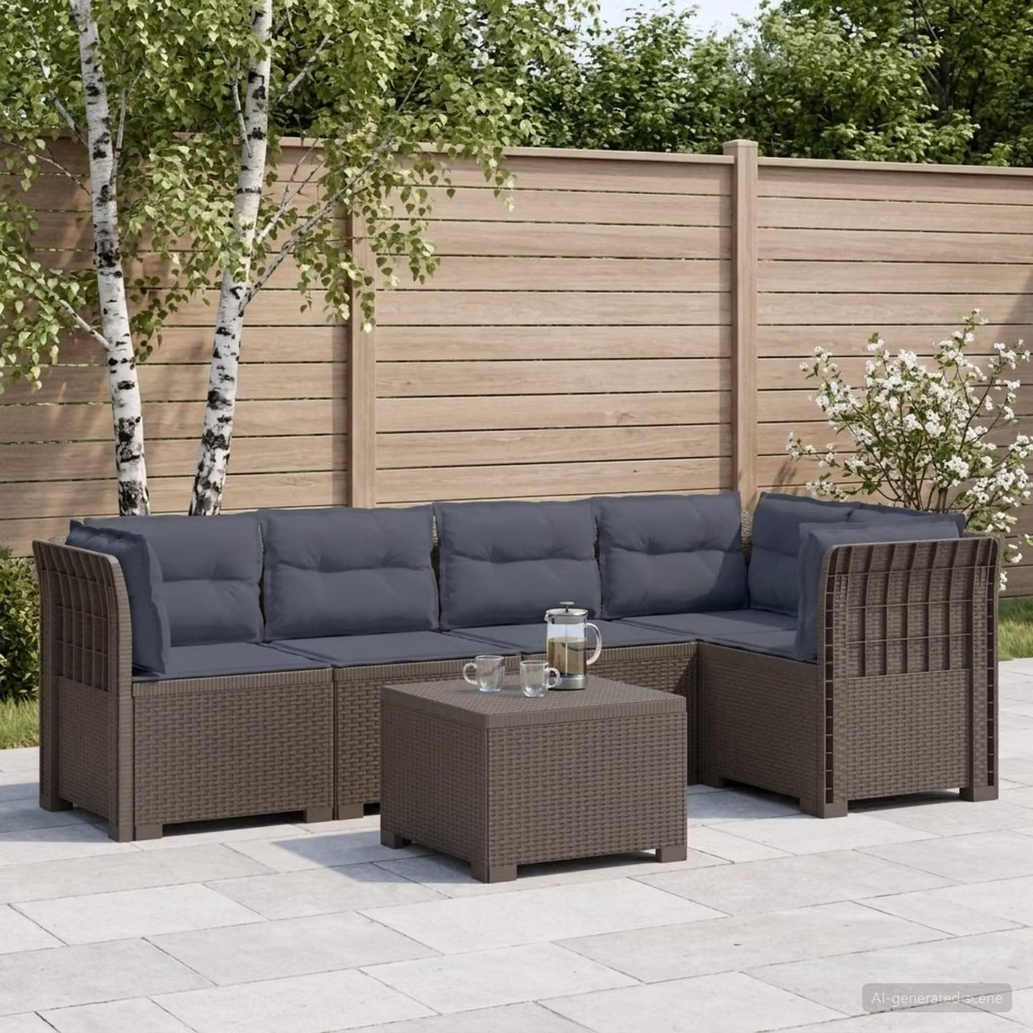 Set da giardino vidaXL a forma di L con divani, cuscini e tavolino in polyrattan grigio